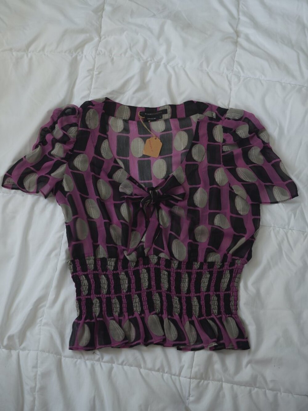 BCBGMAXAZRIA Pink Black Gray Geometric Sheer Ruffle Peplum Top Small EUC